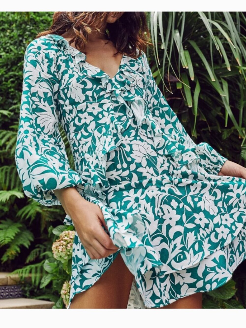Free People Rebecca Floral Ruffle Mini Dress Long Sleeve Green White Size Small